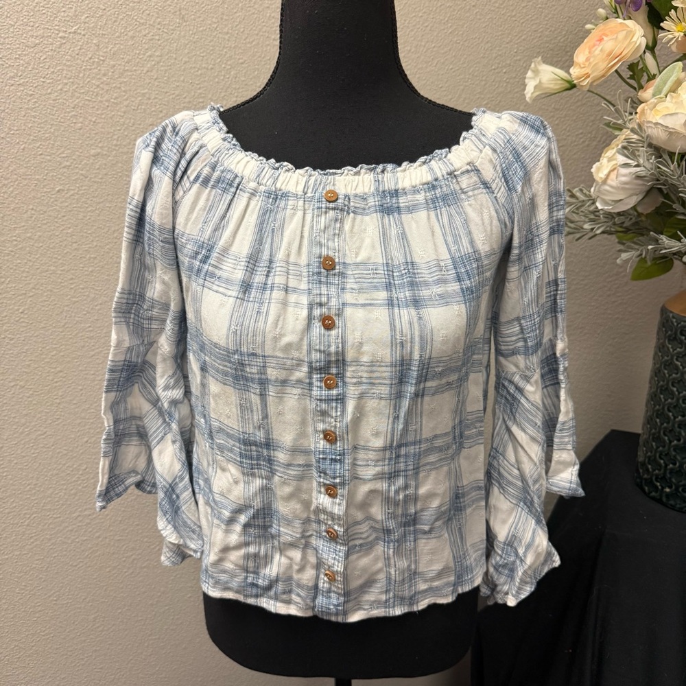Shyanne Blue Plaid Smocked Peasant Blouse Button Front Cottage Top